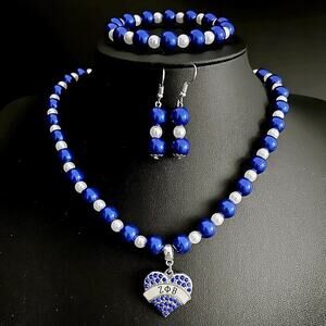 Zeta Phi Beta Jewelry Set Blue and white Necklace, Bracelet and Earrings